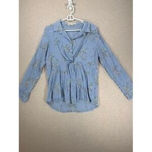 Hope Springs Blouse Women Large Blue Floral Embroidered Twist Front Top